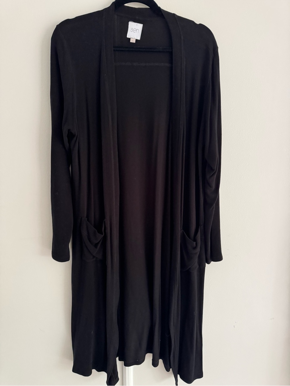SEN Long Black Open-Front Women's Cardigan/Duster with Pockets